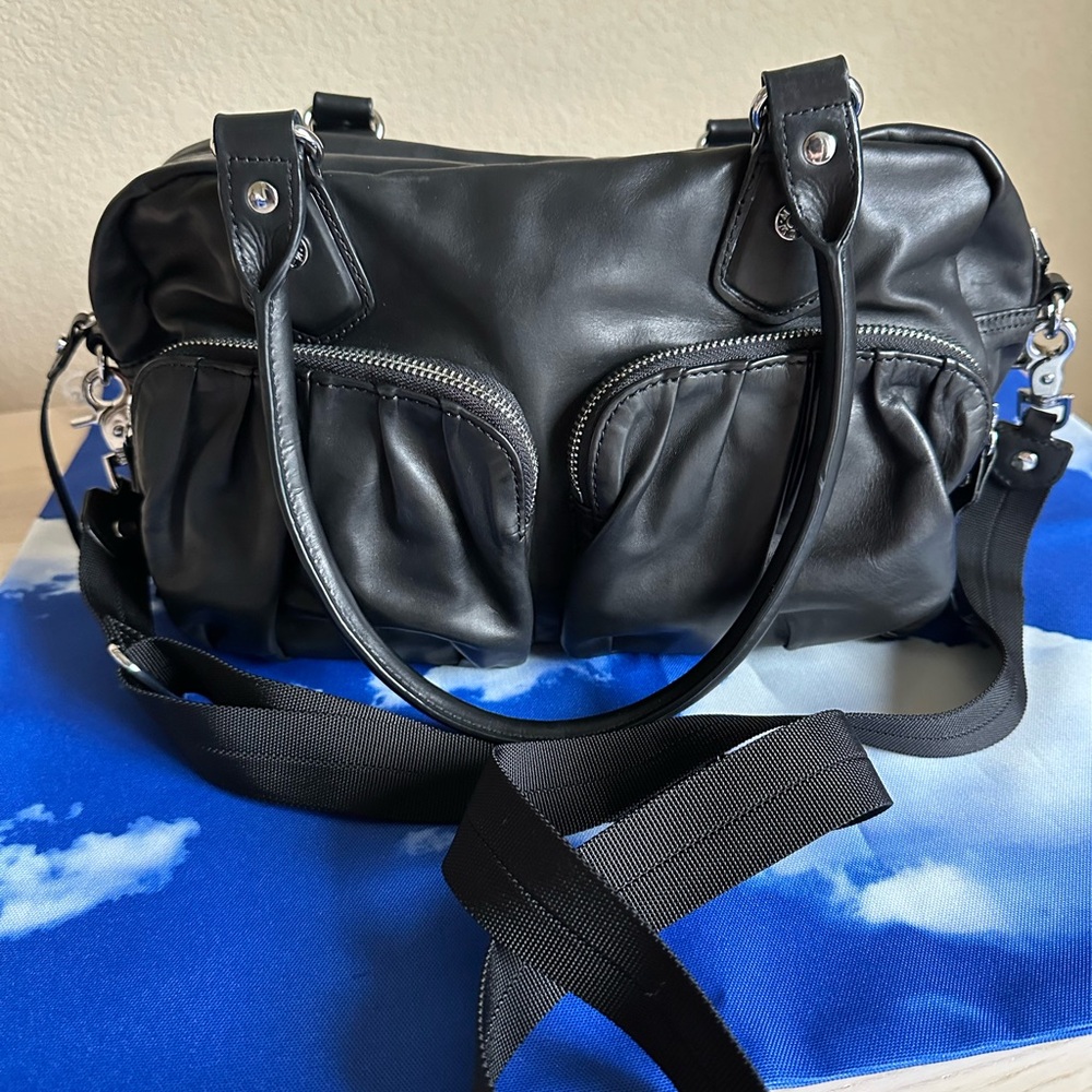 MZ Wallace Black Leather Jane Satchel Silver Hardware Red Lining